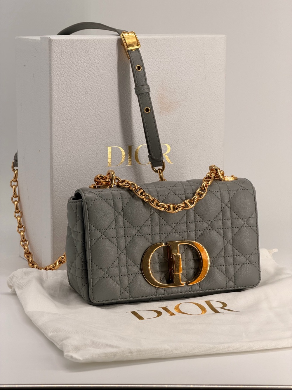 Dior Caro Small Stone Gray Cannage Calfskin Leather Shoulder Bag - Picture 3 of 15